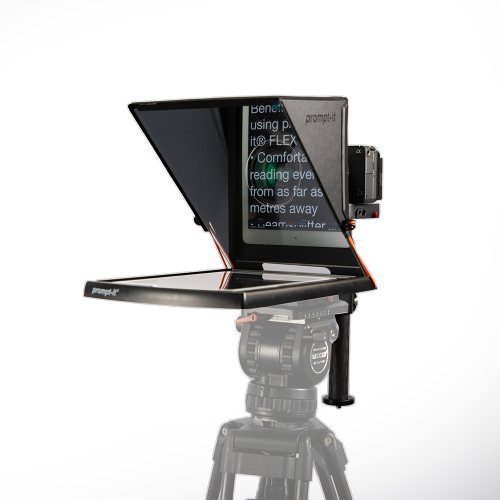 Prompt-it MAXI Teleprompter shown from the front on a tripod with scrolling text showing on glass.