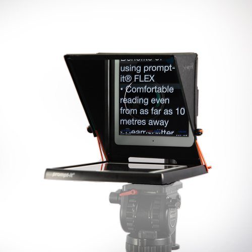 Prompt-it MAXI teleprompter setup on a tripod. The text reflected in the beamsplitter glass is visible.