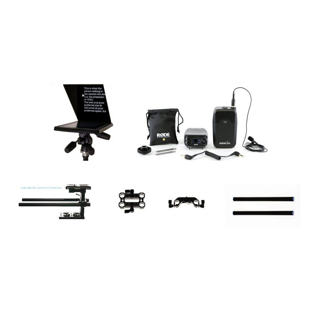 Teleprompter autocue Maxi shown with a RodeLink wireless lapel microphone kit and the Prompt-it rig kit system which includes adaptors and rails.