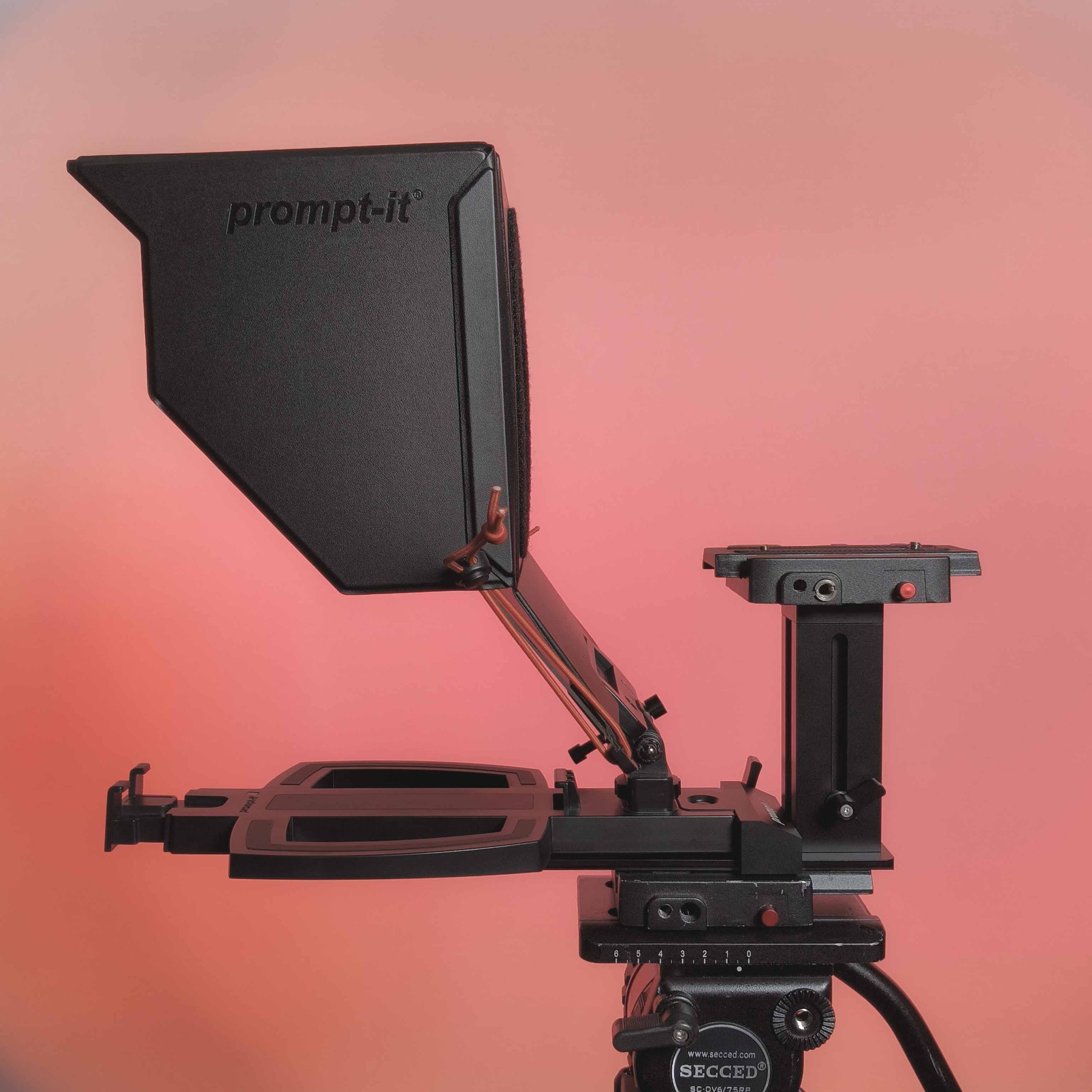 Side view of Prompt It FLEX rig standard configuration with teleprompter hood attached, mounted on professional camera setup.