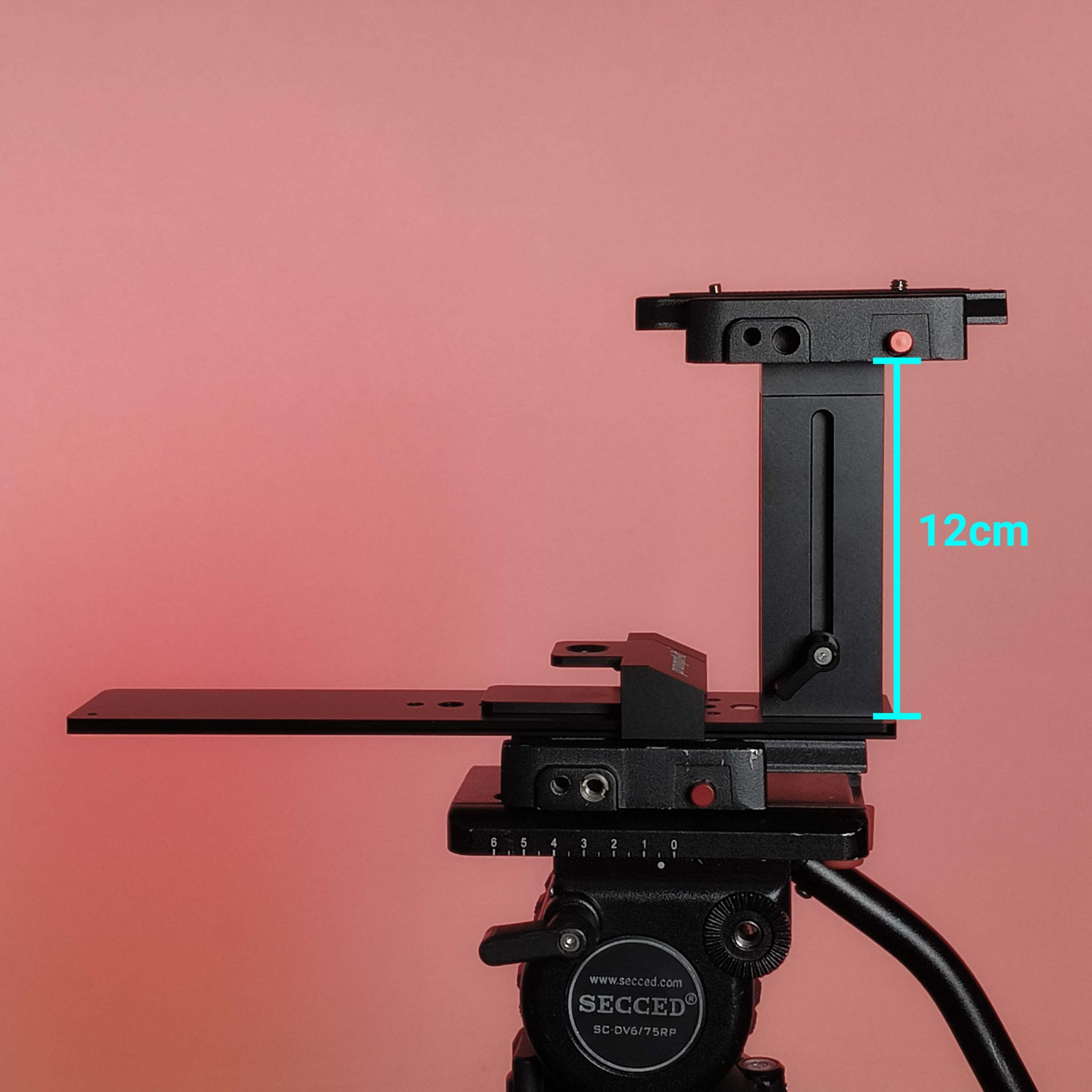 Side view of Prompt It FLEX rig standard configuration mounted on Secced tripod head, showing full support and adjustment range.