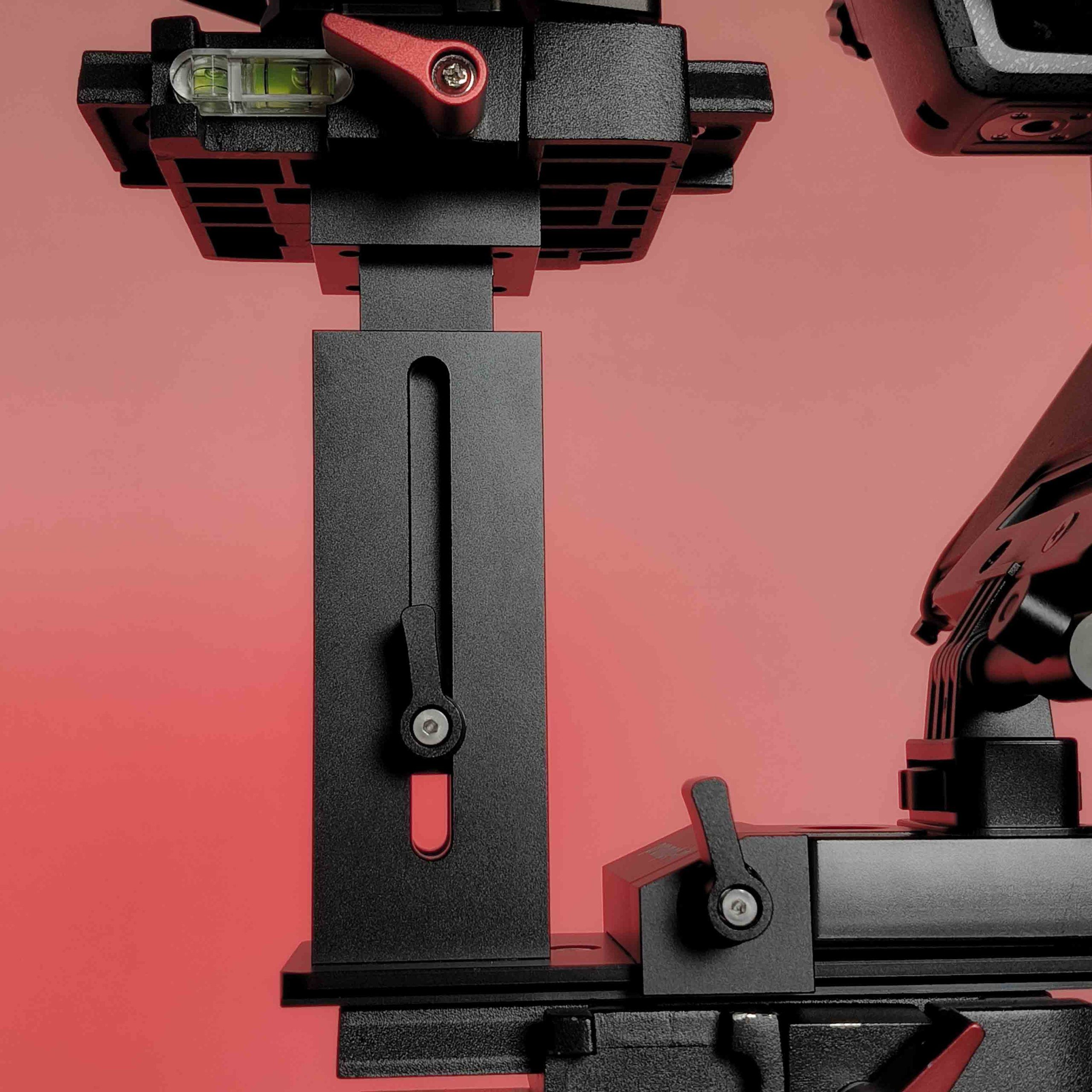 Low-angle detail view of Prompt It FLEX rig standard vertical support showing height adjustment slot and locking lever.
