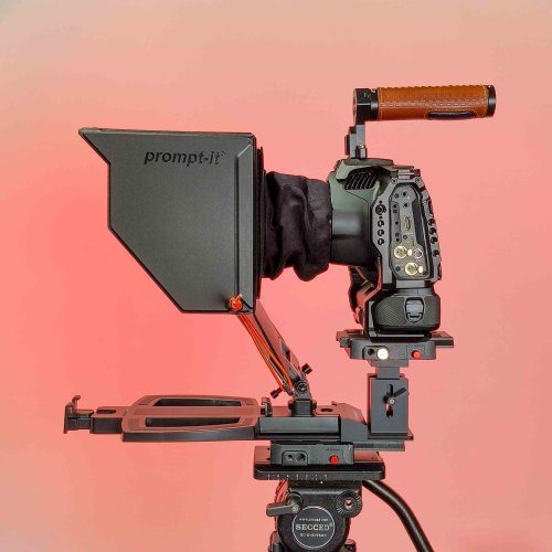Side view of Prompt It FLEX rig standard configuration with smart glare cover and Blackmagic Pocket Cinema Camera 4K mounted.