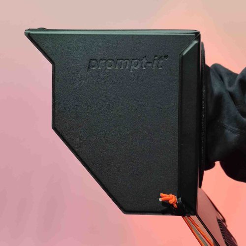 Side view of Prompt-it teleprompter hood showing embossed Prompt-it logo and orange tension cords.