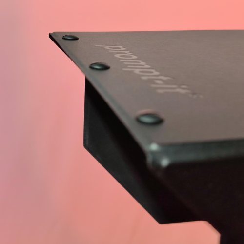 Angled top front-right view of the Prompt-it MAXI teleprompter Smart Glare Cover with embossed Prompt-it word .