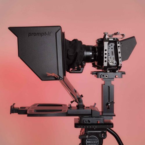 Side view of Prompt It FLEX teleprompter rig standard configuration with smart glare cover and Blackmagic Pocket Cinema Camera 4K mounted.